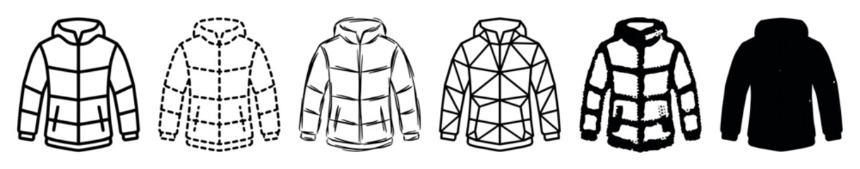 Collection of six winter puffer jackets shown in multiple black and white illustration styles, from simple line icons to geometric, sketch, grunge, and silhouette versions