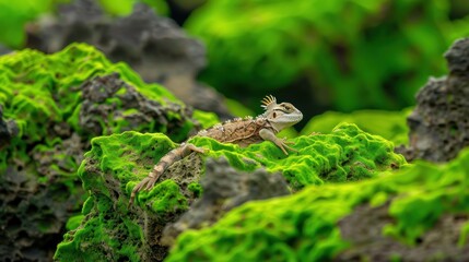 Fototapeta premium Lizard Resting on Green Mossy Rocks in Natural Environment