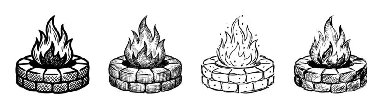 Four hand-drawn fire pit illustrations in a black and white sketch style, showing variations of a burning campfire with stone surrounds in a rustic, engraved line art design