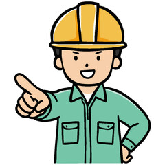 指差し確認を行う作業員のイラストです。キリッとした表情とポーズから、現場の安全と成功への強い意志がにじみます。なめらかな質感のヘルメットが信頼感を高め、見る人に未来への希望と活力を与える一枚です。