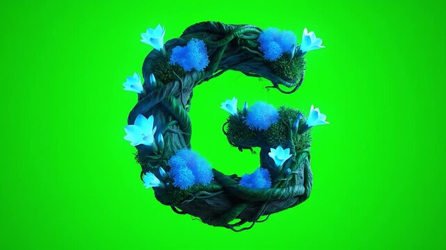 3D nature themed letter G made of tree roots wood vines moss and illuminated blue futuristic flowers glowing against a vibrant bright green screen background for easy keying out