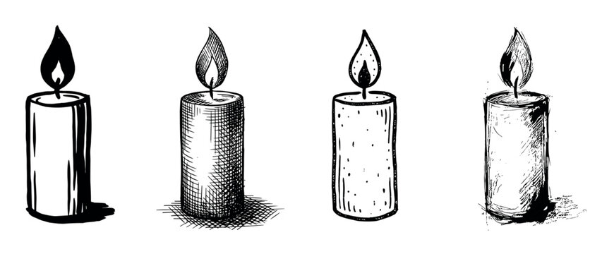 Set of four hand-drawn burning candles illustrated in various sketch styles, including cross-hatching and stippling, showing a collection of monochrome ink drawings with flames