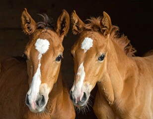 Fototapeta premium Close-up of two young foals, chestnut colored with a star marking on their foreheads, peering out of a dark stable