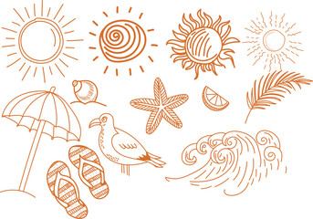 Collection of hand drawn summer vacation and beach icons doodle sketches