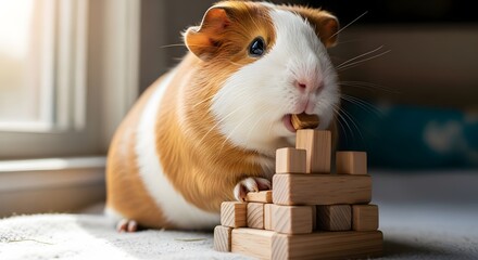 Obraz premium Guinea pig eating a treat next to a small wooden block structure