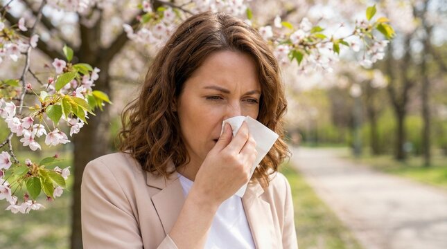 Young woman sneezing while standing near blossoming trees in spring  