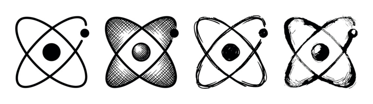 Set of four hand-drawn atom icons showing different artistic styles from clean line art to a rough, sketchy grunge texture for science and technology concepts