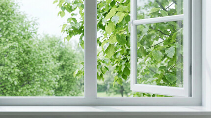 Open window with fresh green leaves in bright daylight  