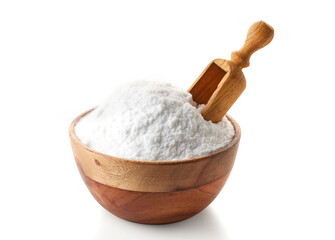 Wooden bowl of baking soda powder on white background