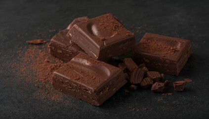 Dark Chocolate Squares with Cocoa Powder Macro Shot
