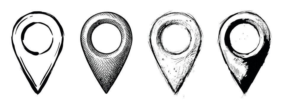 Four hand-drawn black map pin icons in a sketchy grunge style, showing different textures like cross-hatching and ink splatters for a navigation or location concept