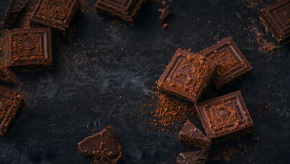 Dark Chocolate Squares with Cocoa Powder Macro Shot