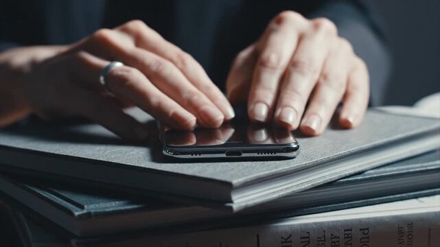 Hands Placing Modern Smartphone Screen Down on Stack of Grey Hardcover Books in Dimly Lit Environment 4k video animation seamless loop