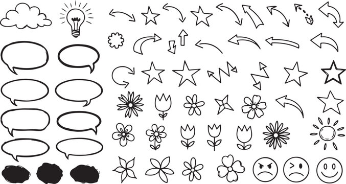 Doodle Icons Set Hand Drawn Elements Symbols and Decorative Design Rose Lightning Stars Idea Notes Bubbles