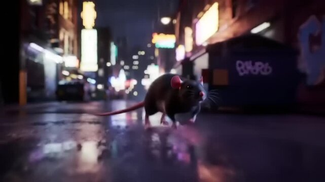Rat running in alley at night.