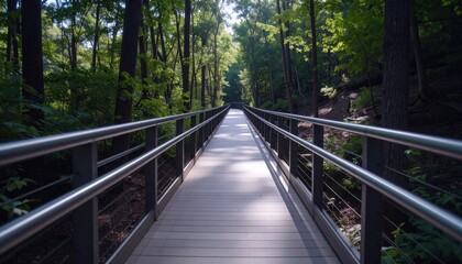Fototapeta premium A sunlit wooden walkway with metal railings extends through a vibrant green forest in daylight