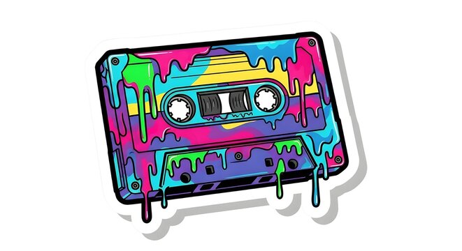 Ilustrasi kaset pita gaya retro 80-an dan 90-an dengan efek cat meleleh (dripping) warna-warni neon yang artistik dan dinamis.