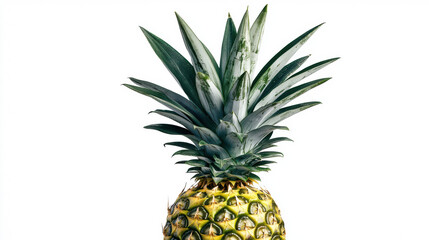 A vibrant close-up captures the textured skin and verdant crown of a ripe pine against a stark white backdrop, highlighting its tropical allure and freshness.