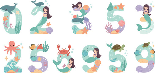 Obraz premium Cute mermaid numbers vector set with sea animals and underwater elements, playful ocean counting illustration, colorful flat cartoon design for kids education