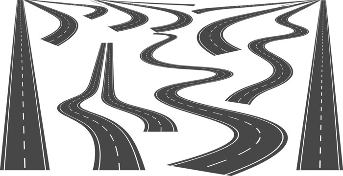 Collection of winding asphalt road perspectives and serpentine highway curves with white lane markings isolated on white background