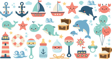 Cute ocean animals and nautical elements vector set, baby marine characters, ships, anchors and sea icons, colorful flat illustration for kids designs © MstNazma