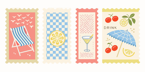 Four illustrated postage stamps depicting summer vacation themes and imagery © Sunil123