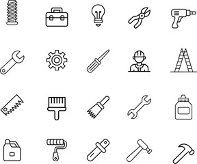 Minimal construction and repair line icons set featuring tools equipment handyman vector illustration for apps websites UI branding