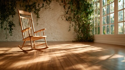 A serene scene featuring a rustic wooden rocking chair illuminated by sunlight in a spacious room filled with plants, creating a peaceful and inviting atmosphere.