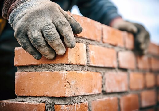 A close-up of a gloved hand carefully placing a brick, showcasing craftsmanship in masonry work.
