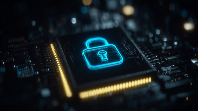 Padlock symbol on a microchip representing data encryption and cybersecurity protection.
