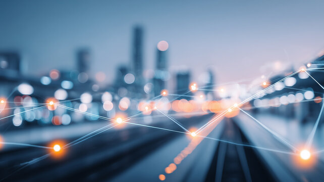 City skyline with connected network nodes representing smart city infrastructure and digital communication.
