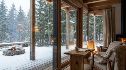 Cozy Modern Wooden Cabin Interior with Large Windows Overlooking Snowy Pine Forest and Outdoor Fire Pit at Dusk