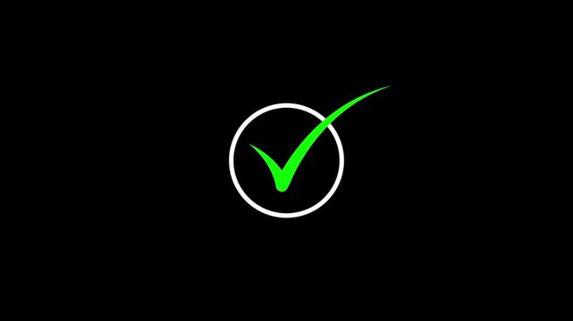 A bright green check mark inside a white circle on black background