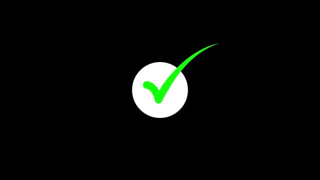 A bright green check mark inside a white circle on black background