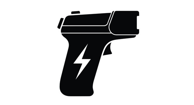 Black silhouette of a futuristic taser gun with a lightning bolt symbol
