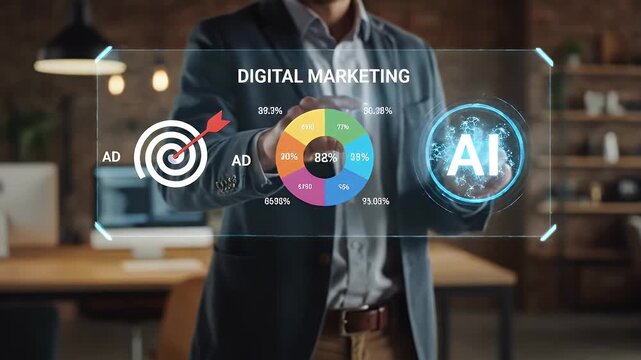 Businessman Interacting with Digital Marketing Hologram and AI Analytics.