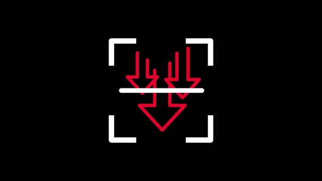 Three red arrows pointing downward are framed by the digital interface to signify a decrease in value or a data download process occurring within a high tech computer or a monitoring system