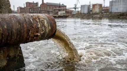 Industrial Wastewater Discharge Flowing into River from Rusted Pipe
