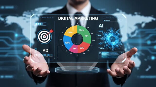 Businessman holding a digital marketing hologram with data analysis and AI integration.