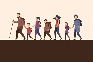 Obraz premium The primary image is a powerful flat-design illustration dedicated to World Refugee Day. It depicts a group of displaced individuals—men, women, and children—walking in a line, carrying their belongin