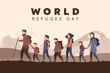 Obraz premium The primary image is a powerful flat-design illustration dedicated to World Refugee Day. It depicts a group of displaced individuals—men, women, and children—walking in a line, carrying their belongin