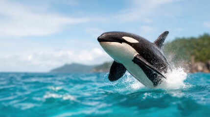 Fototapeta premium A stunning orca whale leaps gracefully out of the turquoise sea, showcasing its powerful physique against a backdrop of lush greenery and a clear blue sky.