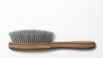 Wooden hairbrush with gray bristles on a white background for Pet Day  