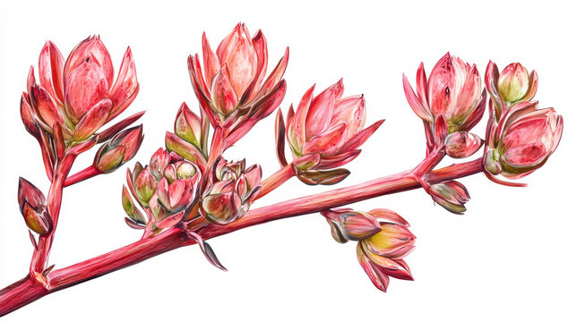 A beautifully detailed watercolor illustration presents a branch with coral colored hesperaloe parviflora flowers and buds isolated on a pure white background.