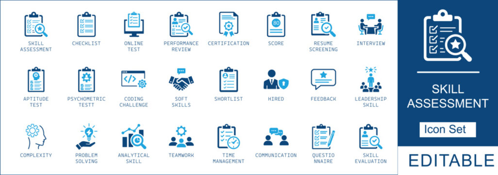 skill assessment and recruitment icon set . including interview, aptitude test, certification, and evaluation symbols. Blue flat editable vector for HR and career hiring.
