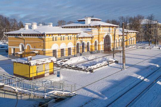 View of the old railway station building of the Sharya station of the Northern Railway on a sunny January day. Kostroma region