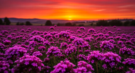 Fototapeta premium Image of a field with purple flowers under colorful sunset sky, representing beauty of nature, peace, and tranquility, great for travel or relaxation