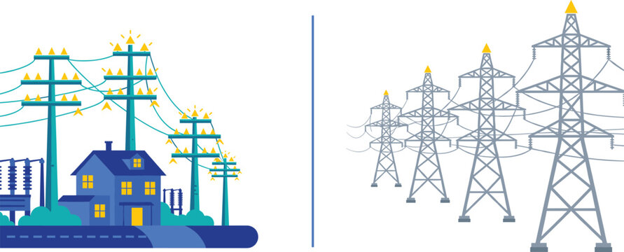 Electric Power Transmission and Distribution Illustration Set Featuring Residential Utility Poles, High Voltage Towers, Energy Grid Infrastructure, and Modern Electricity Network Systems.