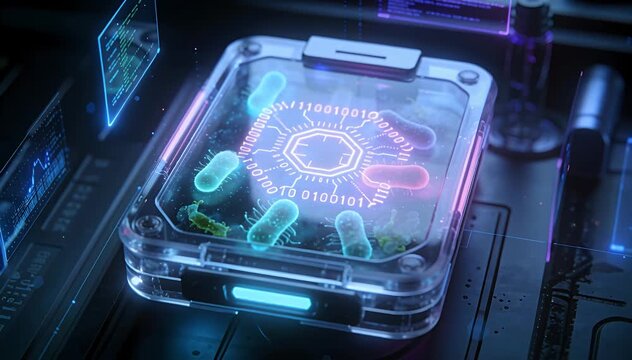 Futuristic lab research of microscopic life forms and digital data analysis microscopic organisms, science.
