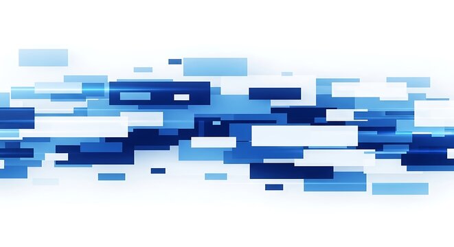 A vibrant digital art piece featuring a mix of blue rectangles on a white background